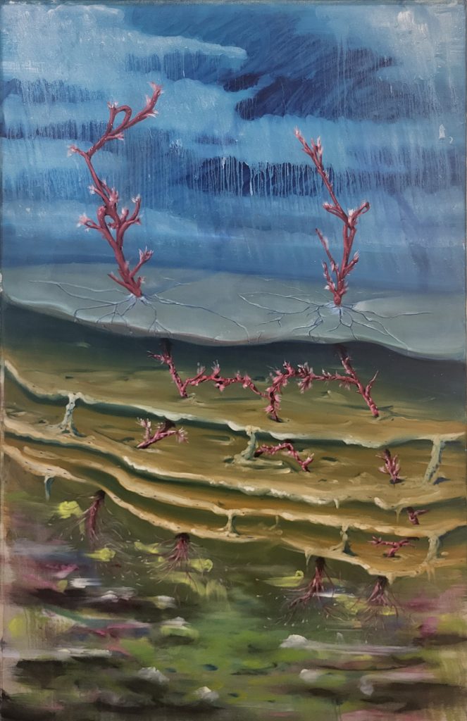 Parham Ghalamadar's oil on canvas painting 'Magic Realism' depicting layers of yellow earth against turbulent blue background, with pink coral like branch formations protruding through the earth. 