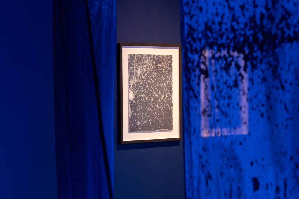 A photograph of Jessica El Mal's Cyanotype images of rain presented at Castlefield Gallery.