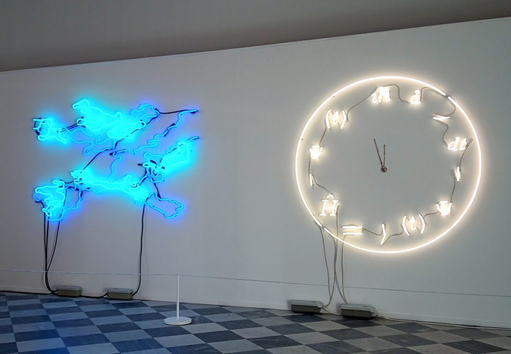 Installation view of Shezad Dawood and RA Walden's neon work for Hybrid futures at Grundy Art Gallery.