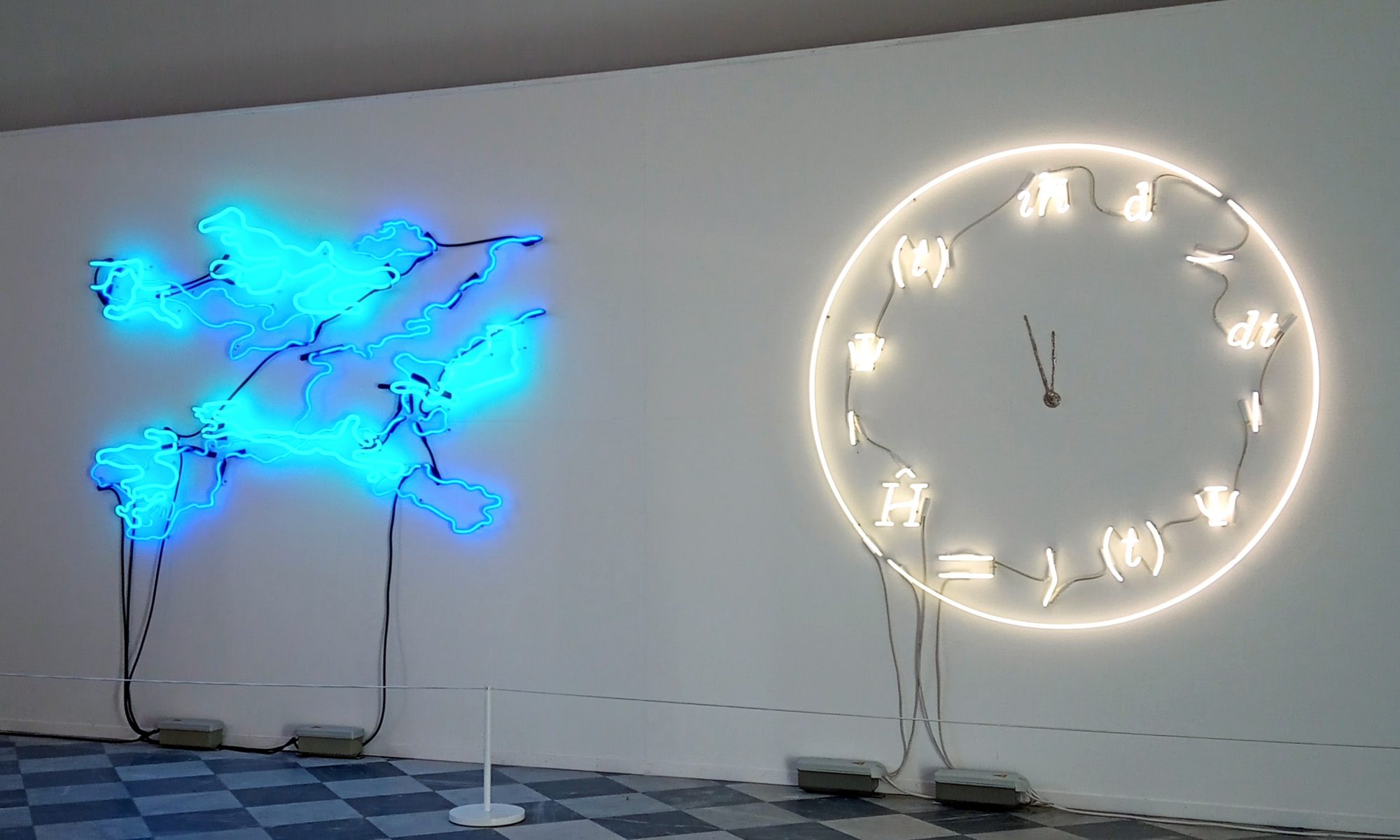 Installation view of Shezad Dawood and RA Walden's neon work for Hybrid futures at Grundy Art Gallery.