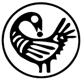 A symbolic depiction of a bird with its head turned backwards while its feet face forward. 