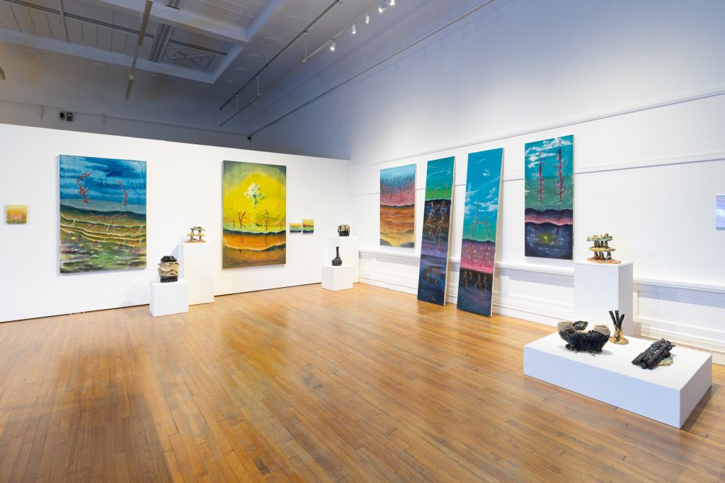 Installation view of Parham Ghalamdar's paintings and ceramics in Hybrid Futures at Salford Museum & Art Gallery.