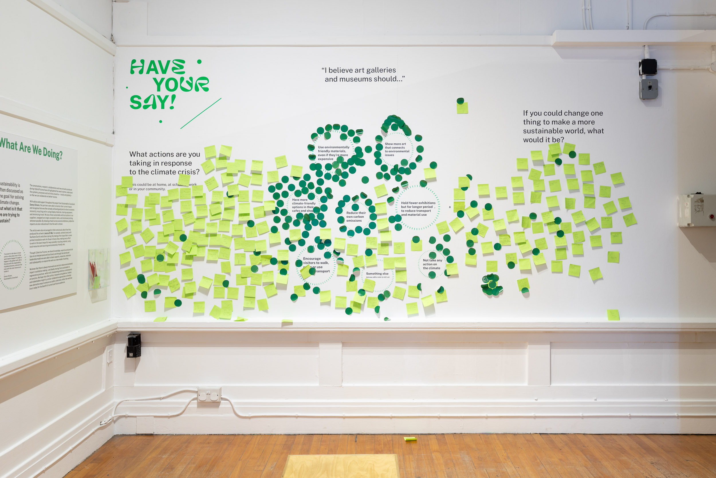 Installation view of Hybrid Futures at Salford Museum & Art gallery, showing the main 'Have Your Say' question wall, and audience responses.
